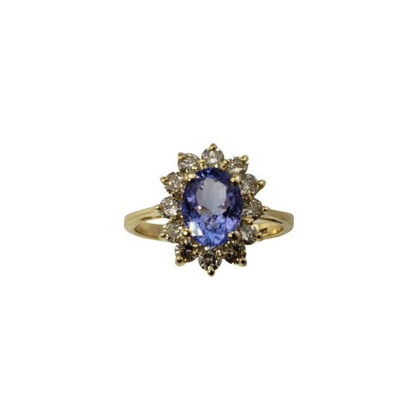 Vintage 14K Yellow Gold Synthetic Tanzanite and Diamond Ring Size 7.25#11028